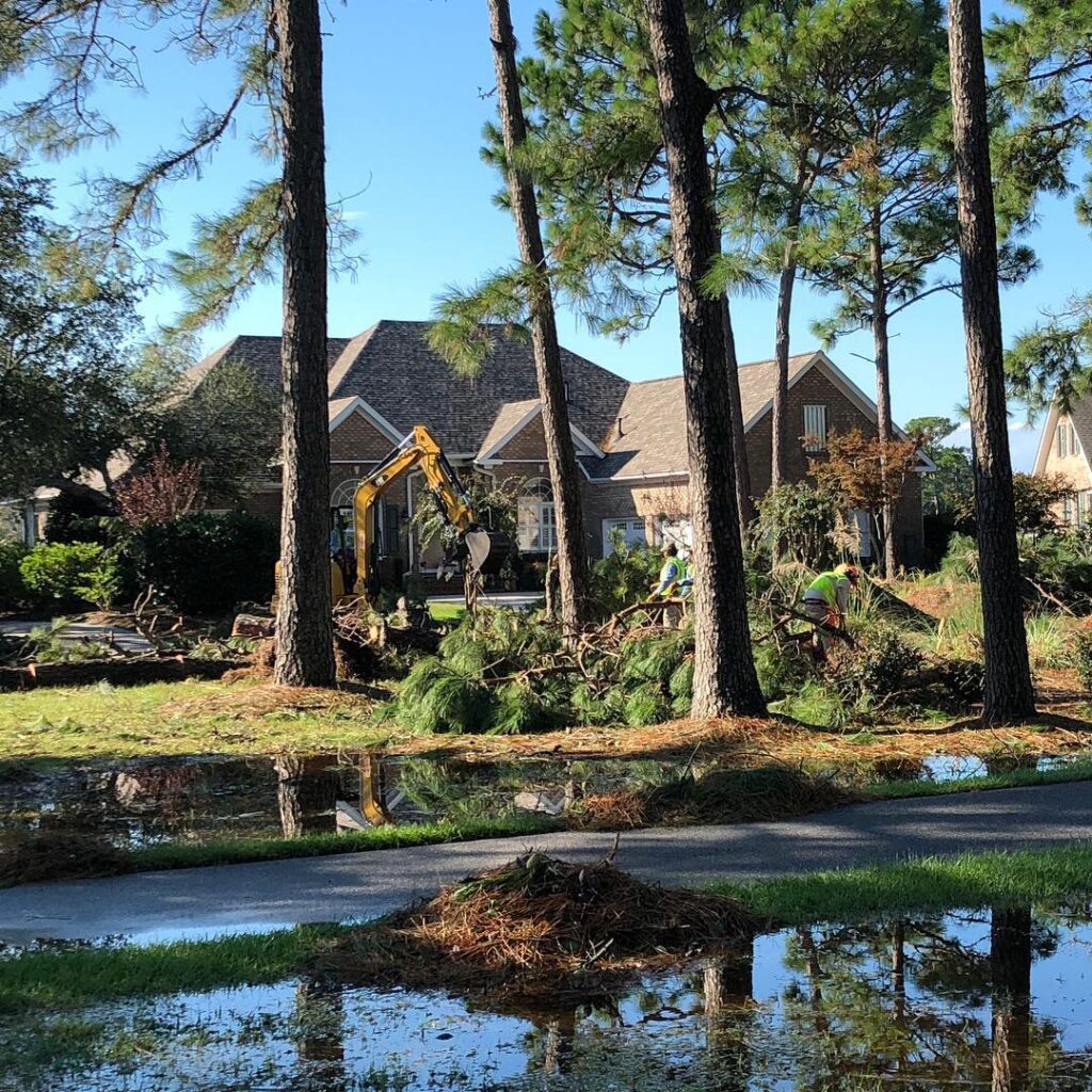 Bland team members help remove fallen trees