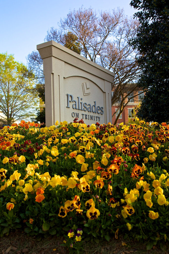 A closeup of signage and yellow flowers Palisades on Trinity